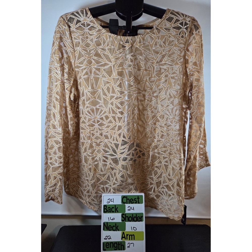 New Directions NWT Tan White Geometric Open weave long sleeve crew neck‎ top XL